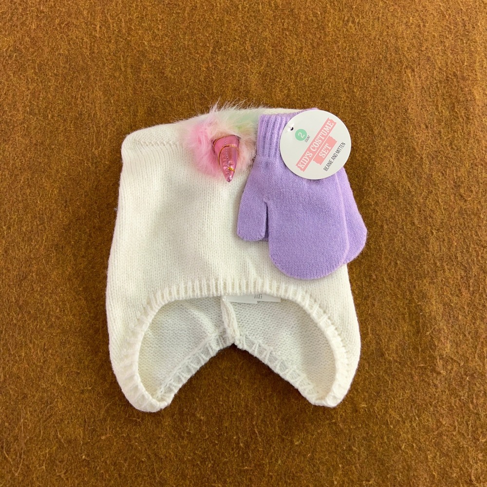 Unbranded Kids OS White Purple Unicorn Horn Beanie Mitten Costume Set NWT